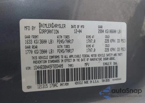 2005 Dodge Durango St из США, поврежденный, VIN 1D4HB38N45F555409